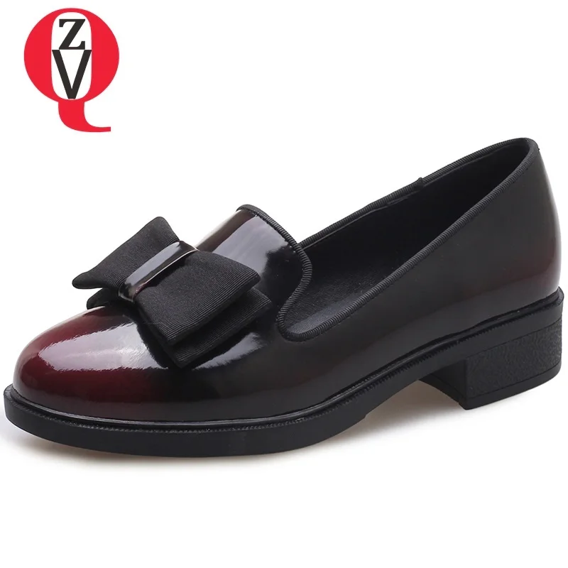 

ZVQ woman round toe heels student bowtie shoes round toe genuine leather good quality brand ladies retro style dress shoes 2019