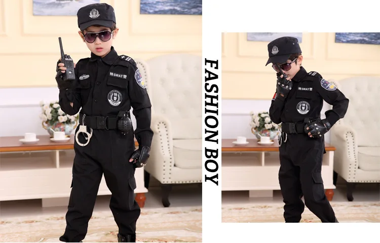 Костюм Полицейского для мальчиков; Детский костюм для костюмированной вечеринки; Униформа армейской полиции; комплект одежды с длинными рукавами; униформа для боевых выступлений