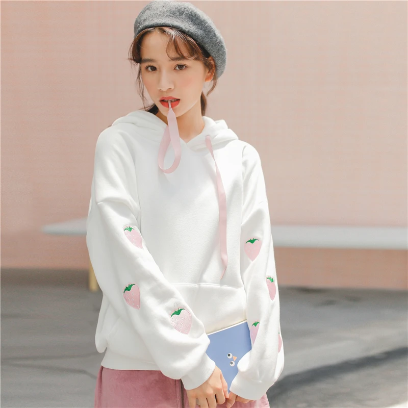 

Korean Fashion Long Sleeve Loose Hoodies Women Winter Harajuku Casual Strawberry Embroidery Gray White Sweatshirt Top Schoolgirl