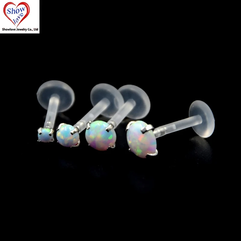 

Showlove-1pcs Sparkling Prong set Opal Gem Flexible Bioplastic Labret Monroe Lip Ring Tragus Cartilage Piercing Bar Body Jewelry