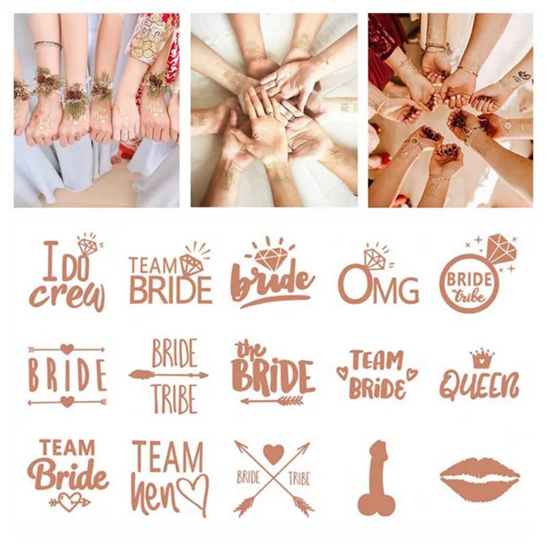 

15pcs/set Rose Gold Wedding Bridal Waterproof Tattoo Stickers DIY bride to be Bridesmaid Bachelorette party tattoo Sticker-S