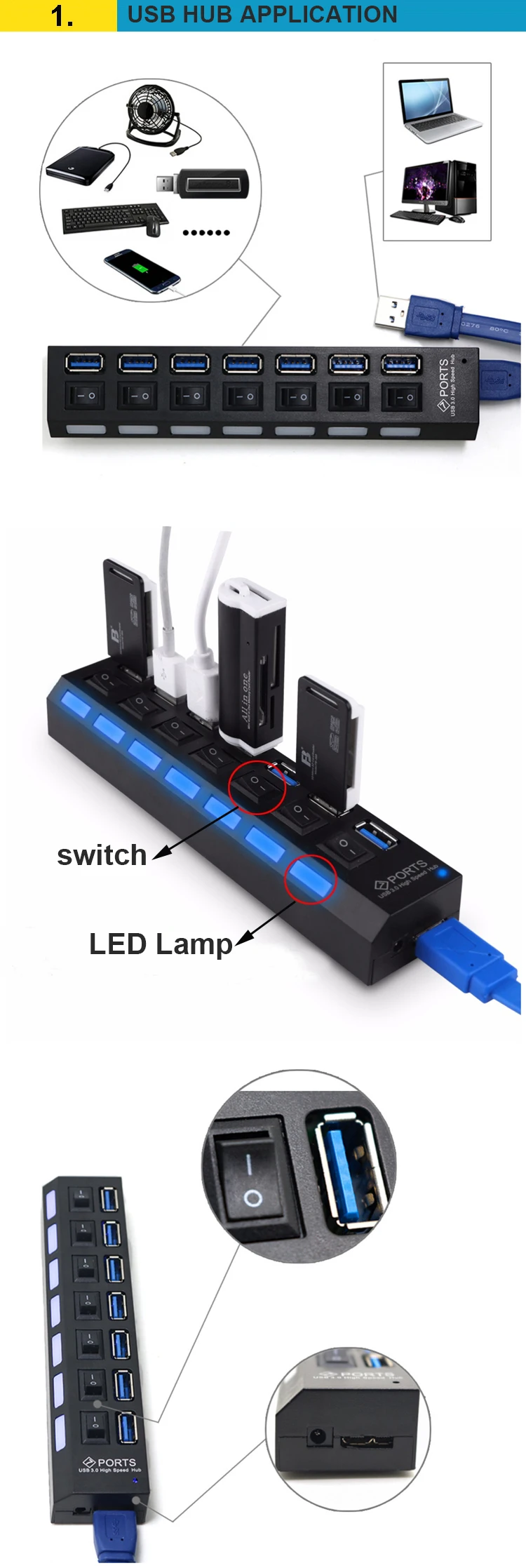 TWOBRO 7 портов USB концентратор 3,0 Портативный USB 3,0 концентратор разветвитель до 5 Гбит/с ЕС/США адаптер питания для ПК ноутбук USB разветвитель концентратор