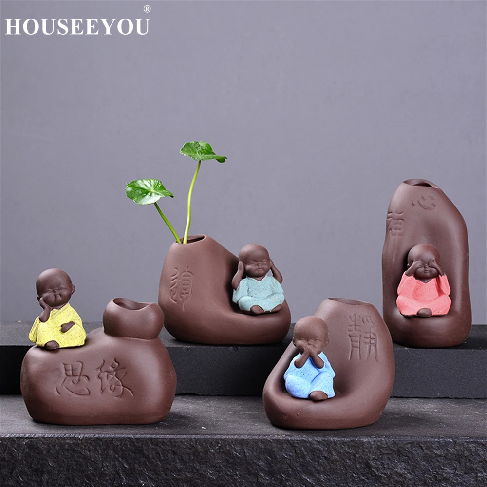 

Purple Clay Little Monk Zen Hydroponic Planters Succulents Bonsai Flower Pot Flowerpot Vases Home Office Tea Room Decorations
