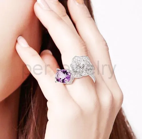 Натуральный настоящий аметист кольцо в форме большого цветка серебро 925 пробы Хорошее ювелирное изделие 1.25CT драгоценный камень B6121426