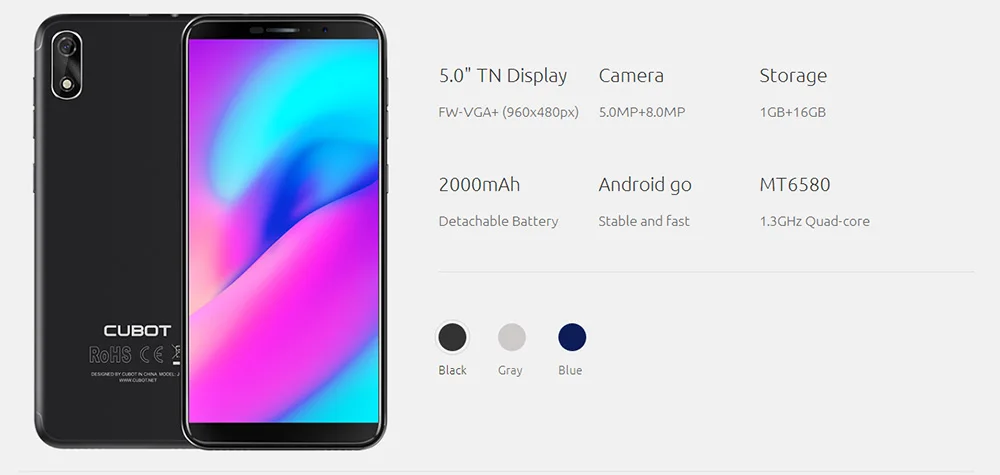 Cubot J3 MT6580 четырехъядерный смартфон Android GO 5,0 дюймов мобильный телефон 1 ГБ ОЗУ 16 Гб ПЗУ двойная задняя камера 2000 мАч 3G сотовый телефон