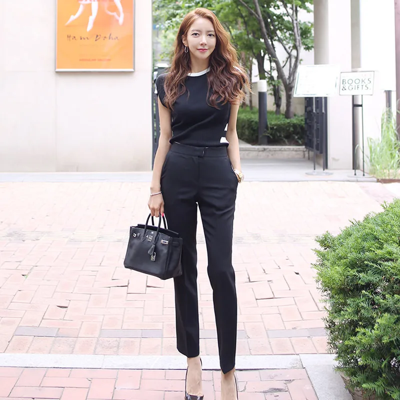 

women two piece outfits summer black knit tops and long pants korean elegant two piece sets