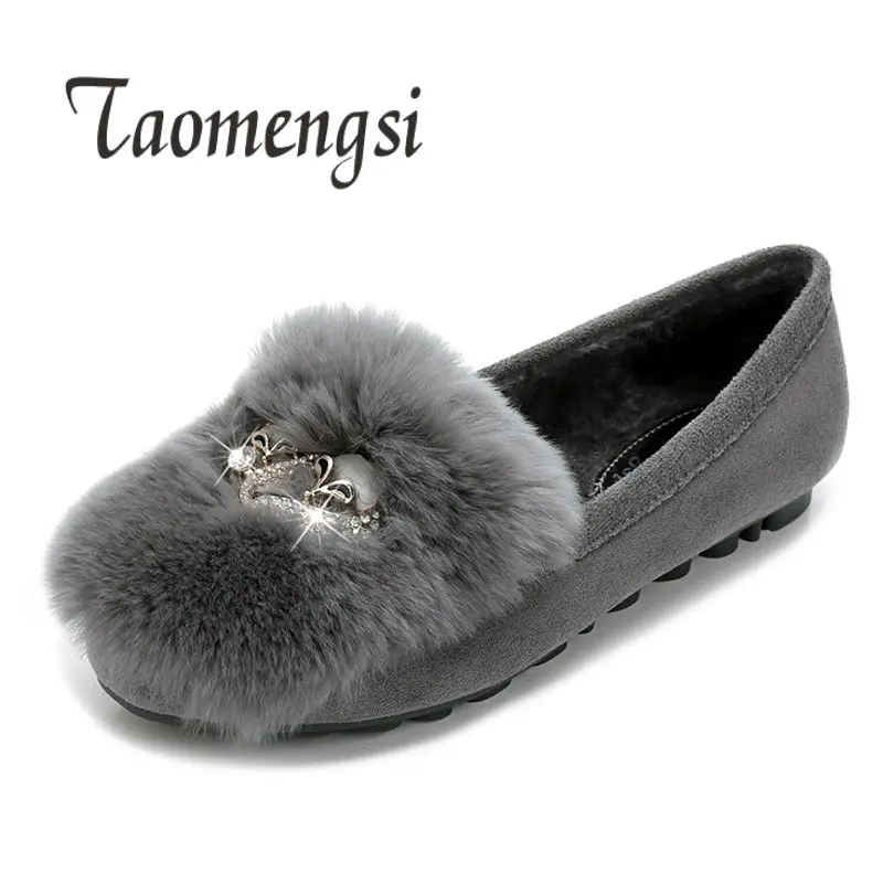 

Big Size 41 42 43 Rabbit Fur Women Flat Shoes Winter Plsuh Shoes 2018 Casual Women Boat Shoes With Plush Fashion Ladies Shoes
