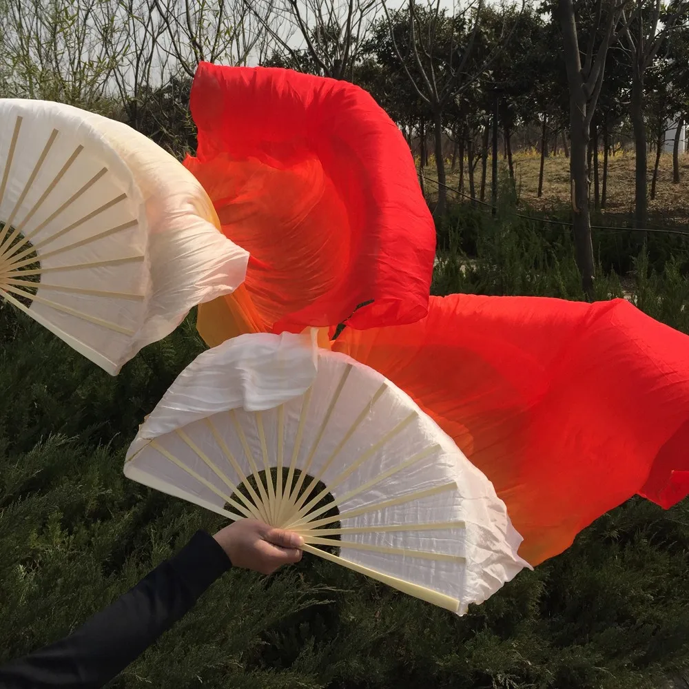 

2pcs 1.8m=6ft white--red belly dance real silk fans veil, 5mm thicker silk, flowy high quality