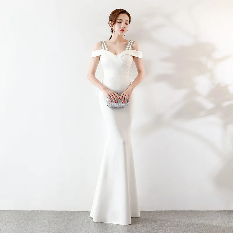 

White Diamonds Spaghetti Strap Off Shoulder Elegant Wedding Party Dress Women Long Special Occasion Dresses 2018 Sexy Clubwear
