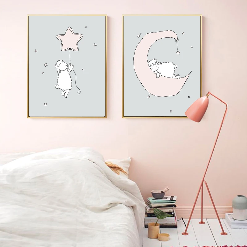 

Lamb Moon and Stars Nursery Art Prints Pink and Gray Canvas Painting Nordic Poster Wall Art Posters Picture Baby Room Decor