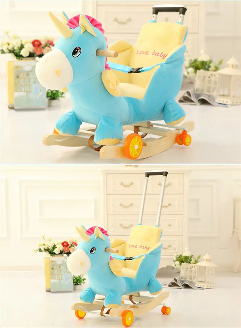 Multi-função de Madeira Animal de Pelúcia Cavalo de Balanço Cadeira de Balanço Carrinho de Bebê Unicórnio Elefante Mickey Trojan Brinquedo Criança & 2 Multi função de madeira & animal de