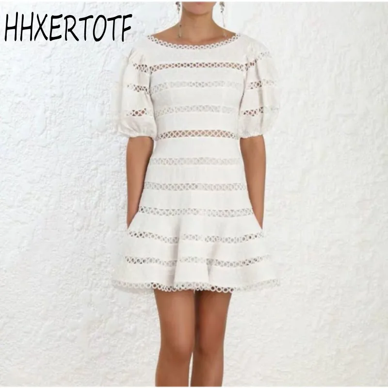 

High quality luxury runway 2019 new arrive Summer Short Sleeve White Lace Patchwork Dress women Puff Sleeve Dress vestidos