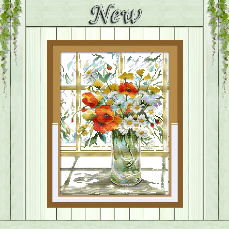 

Flower vase on windowsill,Pattern print on the canvas DMC 11CT 14CT Cross Stitch kit,needlework embroidery Set,beautiful Flowers