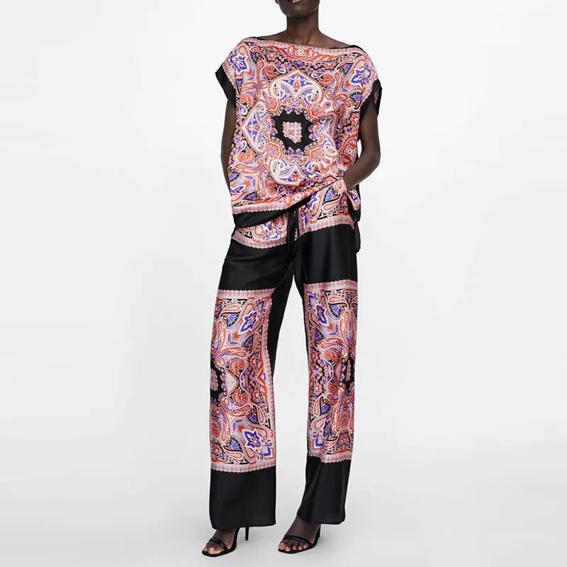 أزياء الصيف بلوزة السراويل مجموعات فضفاضة الأزهار قصيرة الأكمام قمم عالية الخصر مستقيم السراويل مجموعات عارضة XZ1932 أزياء الصيف بلوزة السراويل مجموعات فضفاضة الأزهار قصيرة الأكمام قمم عالية الخصر مستقيم السراويل مجموعات عارضة XZ1932