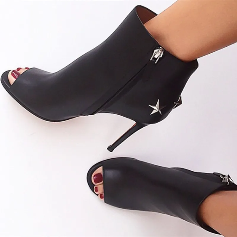 Primavera Verano Dedo Del Pie Abierto Botines Tobillo Altos Mujeres Bombas Gladiador Sandalias Botas Sexy Estrella Stiletto Botines de Cuero Negro|boots sexy|leather ankle boots - AliExpress