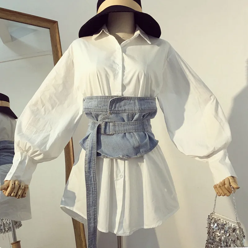 

2018 New Spring Fashion Women's Long Sleeves Long White Shirt + Slim Waist Denim Belt Two Piece Ladies Casual Two Piece Blouses
