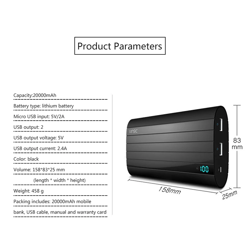 Vinsic VSPB206b Portable Power Bank 20000 mAh Super-large Capacity Portable Charger Rechargeable External Battery Pack Powerbank Vinsic VSPB206b Portable Power Bank 20000 mAh Super-large Capacity Portable Charger Rechargeable External Battery Pack Powerbank