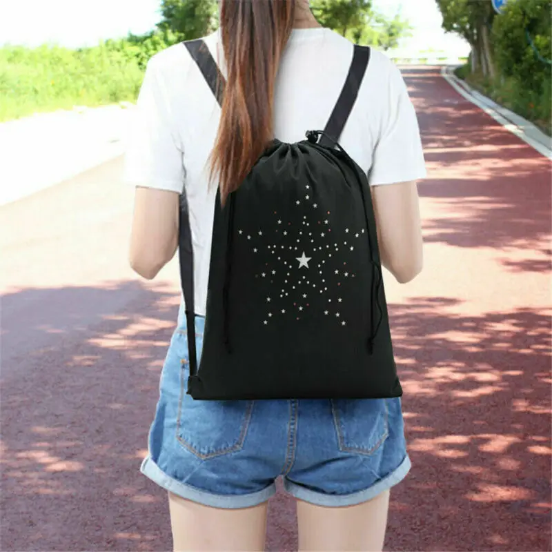 

Black Outdoor Bags Wide Shoulder Strap Star Stitching Backpack Waterproof Drawstring Back Pocket Sports Walking Riding Bag