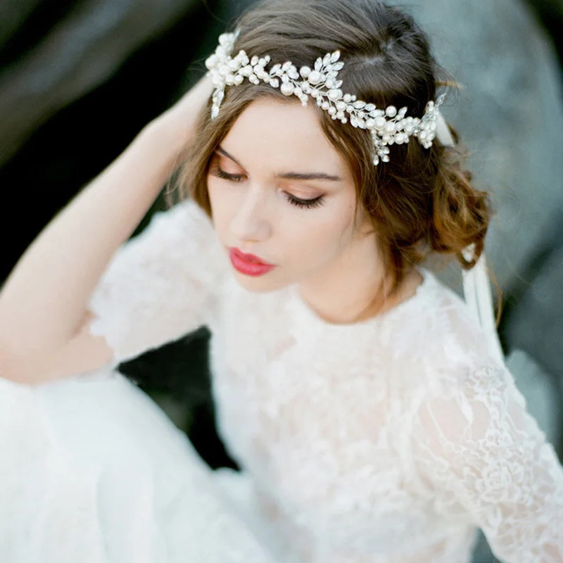 Handmade Silver Floral Pearl Headband Leaf Wedding Headpiece Bridal Crystal Tiara Hair Accessories Vintage Women Headbands