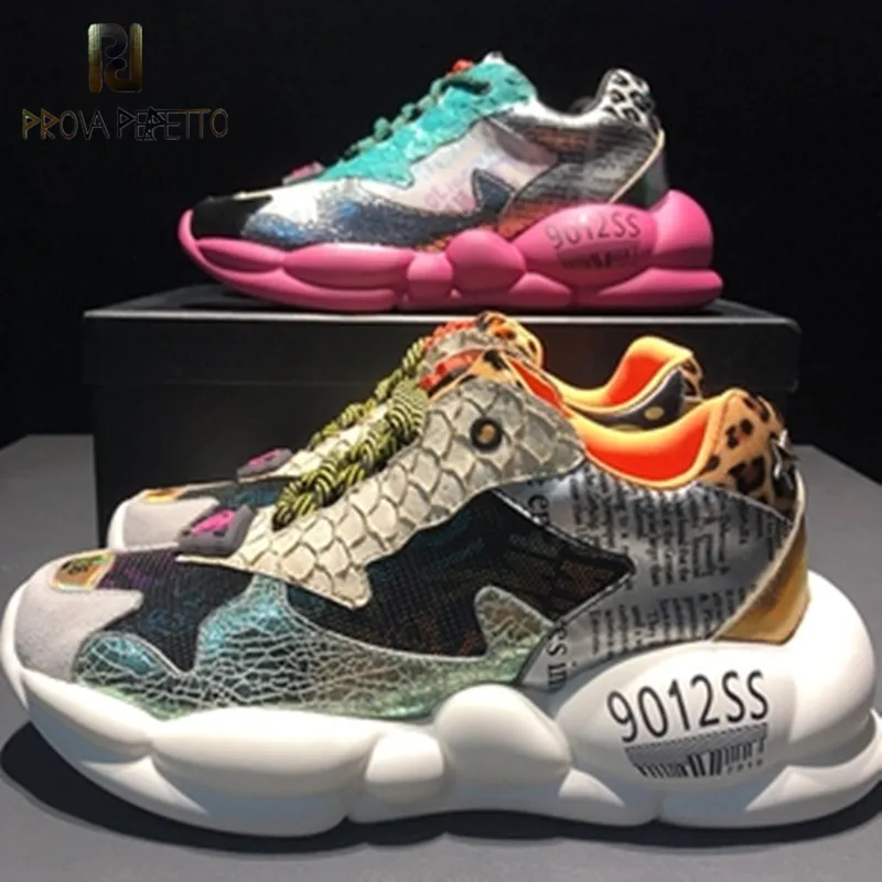 

Prova Perfetto Womens Sneakers 2019 Fashion Mixed Color Women's Shoes Genuine Leather Ins Chunky Sneakers Women Casual Shoes
