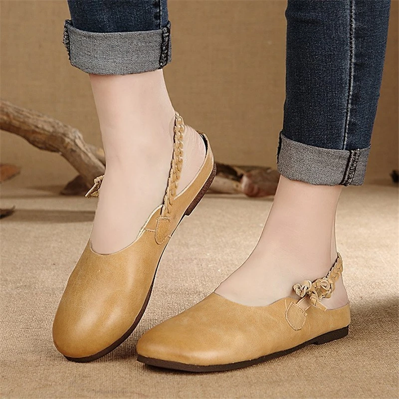 

Women Genuine Leather Sling Back Flats Mori Girl Slip-on Summer Shoes YELLOW/GREY