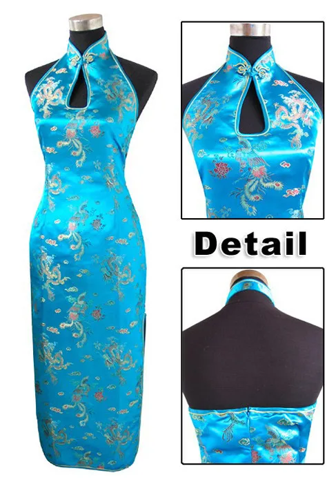 Лидер продаж красный китайский для женщин длинное Ципао Холтер Cheongsam спинки Костюм Платье размеры Размеры s m l xl XXL, XXXL Mujeres Vestidos J3401 - Цвет: Light Blue