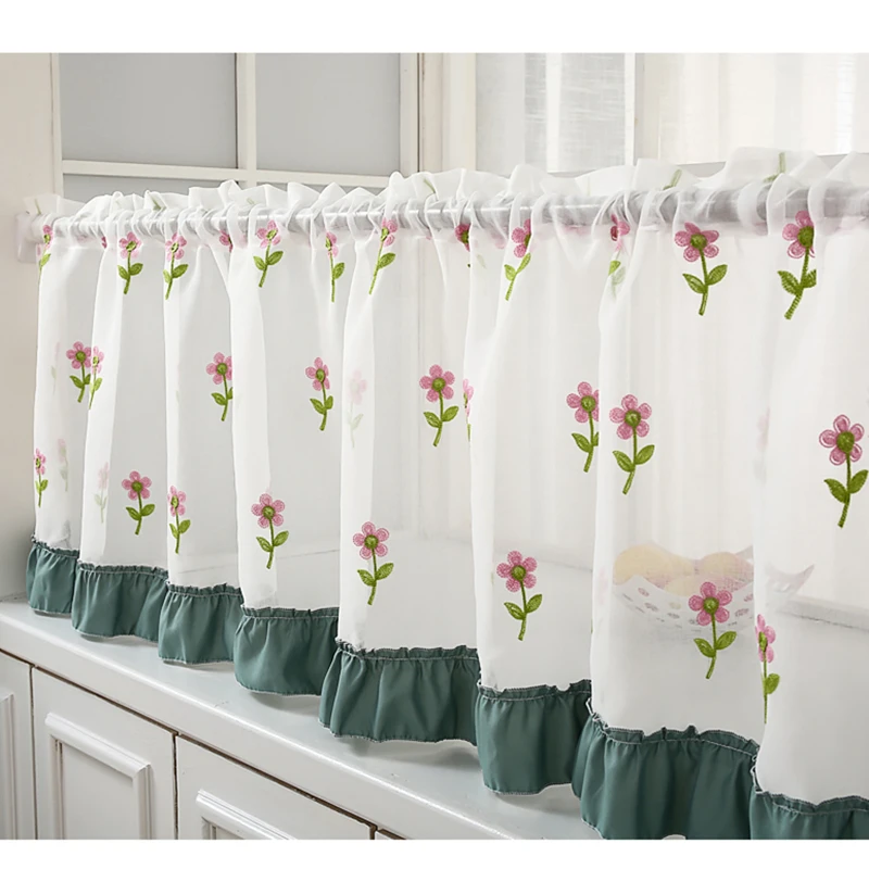 

1PC Flower Embroidery Short Curtain Half Curtain Valance Cafe Curtain Door Drape Panel Voile Curtain for Kitchen Cabinet Balcony