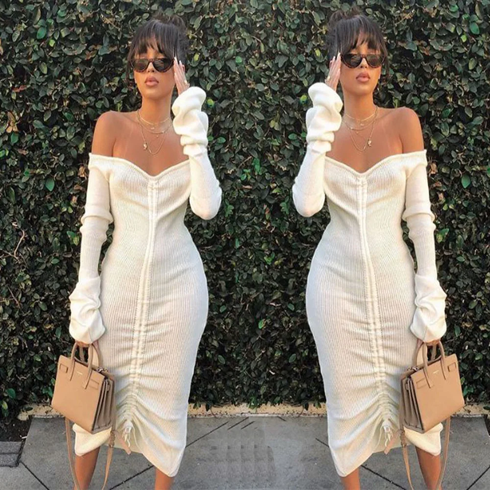 Women/'s Long Sleeve Ribbed Knit Off Shoulder Maxi Body-Con Dress