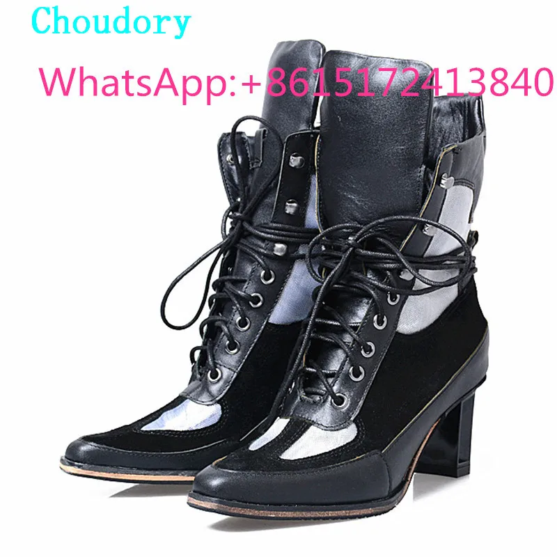 Choudory Pointed Toe High Heels Mixed Colors Platform Ankle Boots For Women Leather Shoes Woman Cross-tied Special Knight Boots