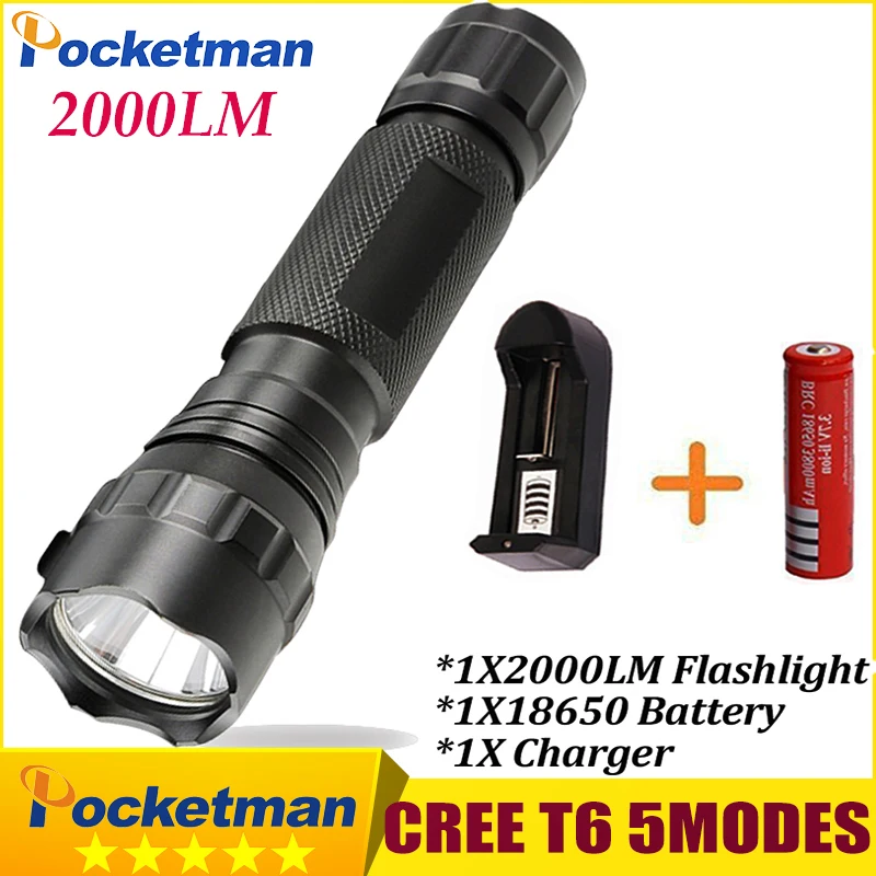 

LED Flashliht 5 Modes XM-L T6 Tactical Flash Light Lanterna lampe torch Water Resistant Camping Hiking+1X18650 battery+1 Charger