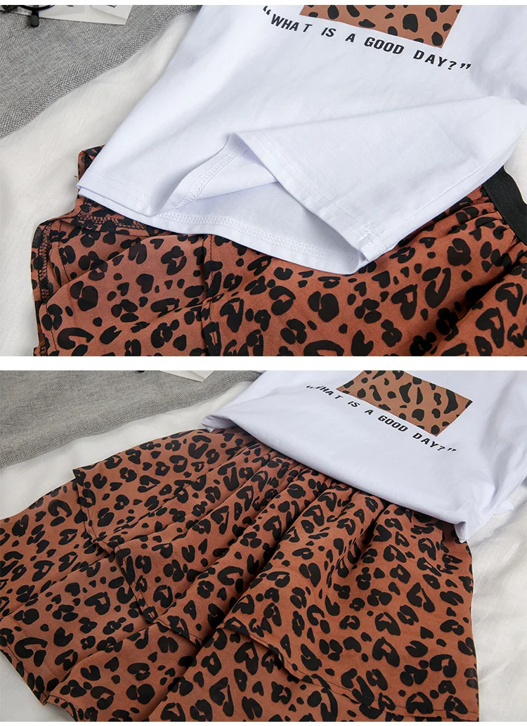 Fashion Children Clothing Set For Girls Clothes 2019 Summer Letter Tshirts Tops Leopard Chiffon Skirt 2Pcs Casual Kids Suit 3-9Y (19)