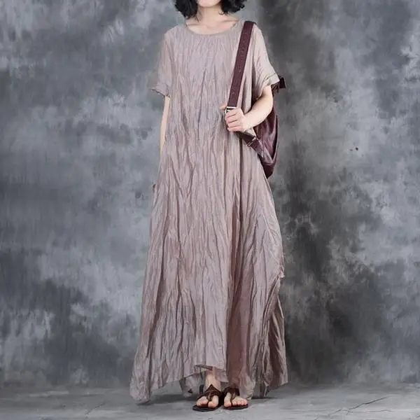 BUYKUD 2019 Women's Vintage Maxi Dresses Short Sleeve Loose Dress For Women Solid Beige Grey Cotton Linen Clothes Vestido (2)