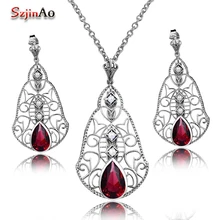 Szjinao Модный Ювелирный Набор из натурального жемчуга, серьги из стерлингового серебра 925 пробы, кулон, набор, красный камень, кристалл, винтажные свадебные аксессуары