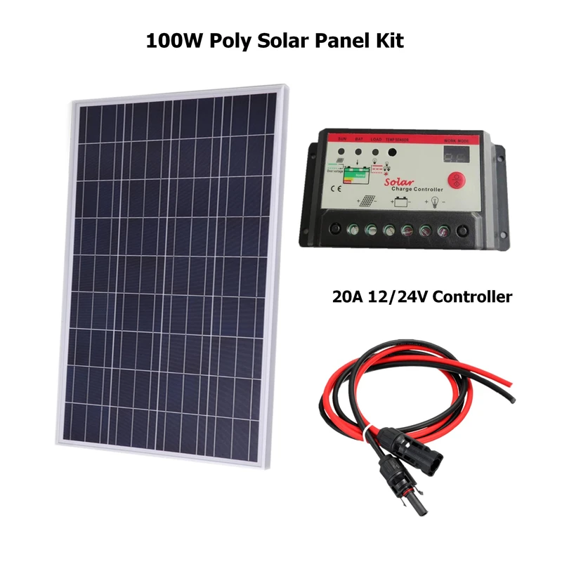 

100W 18V Polycrystalline Solar Panel Kit for 12v Battery off Grid System Solar for Home System w/20A LED Solar Controller cable