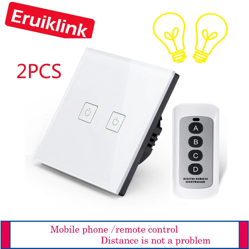 

2PCS Eruiklink 2gang 1way EU/UK Standard RF433 Remote Control Wall Touch Switch, Wireless Remote Control Light Switch Smart Home