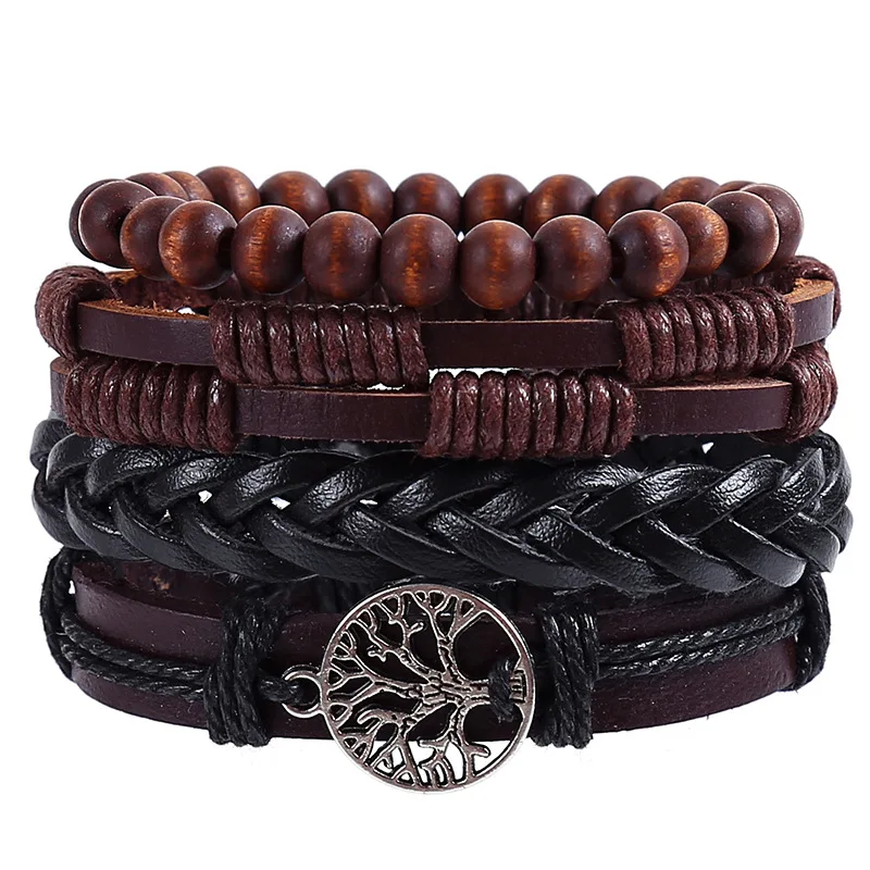 

Wholesale 4pcs/set Charm Leather Bracelet with Tree of life Beads Rope Bracelet Women Men Gift Bracelet Pulseiras dropship