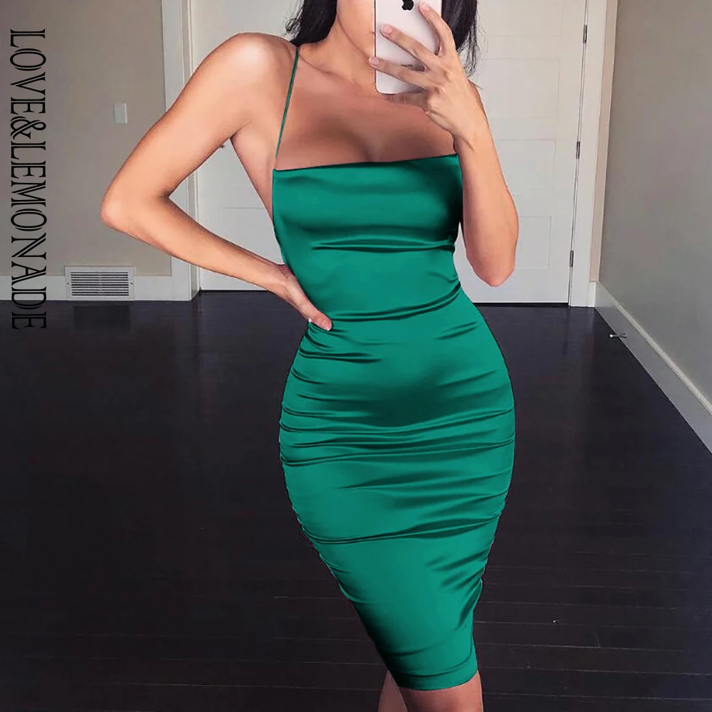 Meilleur LOVE   limonade Sexy manches vertes dos ouvert sangle réfléchissante tissu de soie artificielle Mini robe LM90073