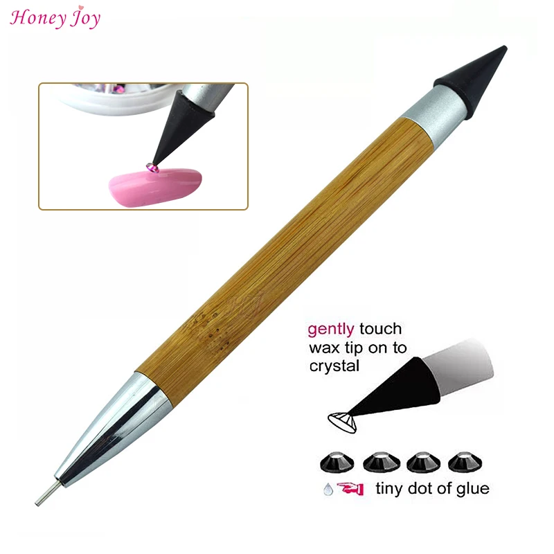 Dual ended Wax Nail Rhinestone Picker Dotting Pen Pencil Bamboo Handle