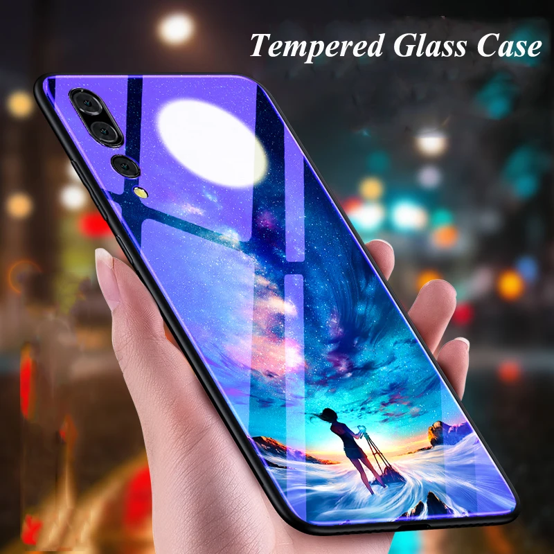 Закаленное Стекло чехлы для huawei P20 Pro Корпус синий свет луны и звезд