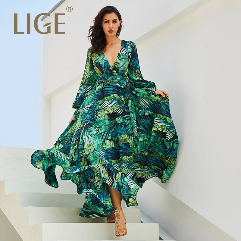 

Vintacy Long Sleeve Dress Green Tropical Beach Vintage Maxi Dresses Boho Casual V Neck Belt Lace Up Tunic Draped Plus Size Dress