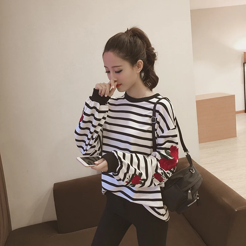 Roses Embroidery Lantern Sleeve Loose Striped Women Sweatshirt (5)