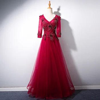 

Colorful Charming Sexy long Sleeves Tulle A Line Long Prom Dresses 2019 V Neck Wine Red Beads Embroidery Floor Length Prom Dress
