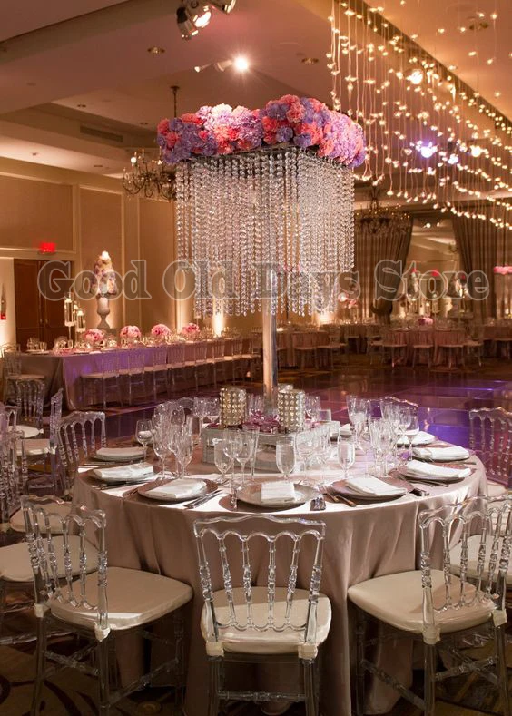 

80cm Tall Square Crystal table centerpiece with beads strands Flower Stand Wedding decoration 10pcs/lot