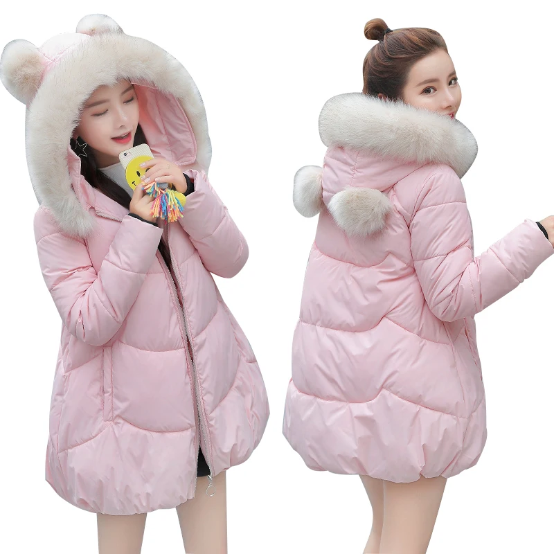 

2019 Winter Jacket Women Sweet Girls Cute Female Warm Parka Coat Ear Large Fur Hooded Tops Fashion Thick Padded Jacket Outwear