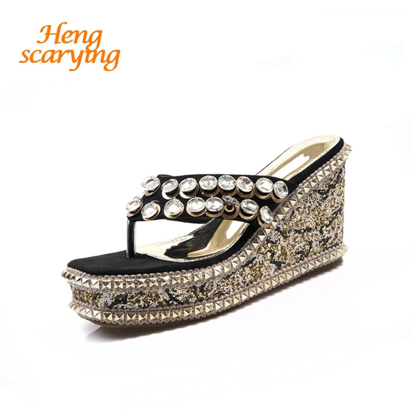 

Summer Bohemia Crystal Wedge Flip Flops Fashion Women Glitter Slippers Rhinestone Platform High Heel Peep Toe Slides Bling Shoes