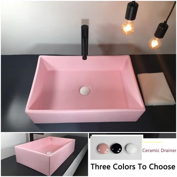 

Pink Rectangular Ceramic Bathroom Sink Lavatory Color Basin Countertop Shampoo Sink Washbasin With Ceramic Pop-Up Drainer