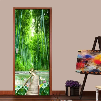 

3D Wall Door Sticker Bamboo Forest Bridge Wallpaper Living Room Bedroom Home Decor Paste PVC Self-Adhesive Waterproof 3D Mural