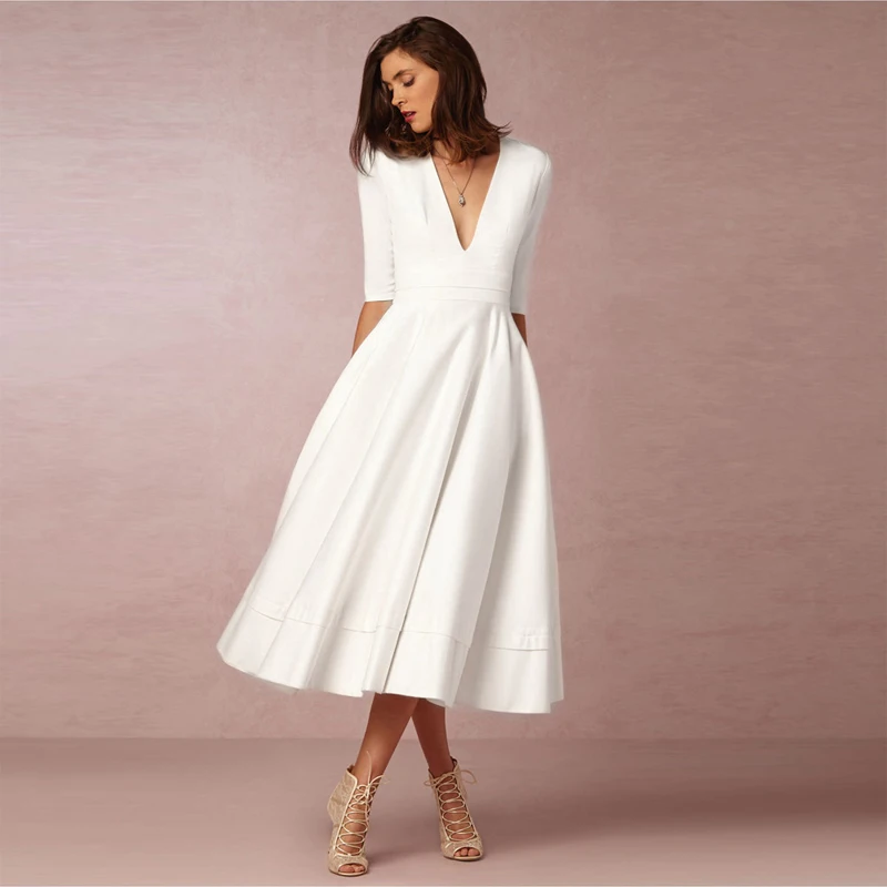 Элегантное ТРАПЕЦИЕВИДНОЕ белое Макси-платье с v-образным вырезом и рукавом до локтя, простое сексуальное длинное платье для ночного клуба, однотонное женское офисное Повседневное платье