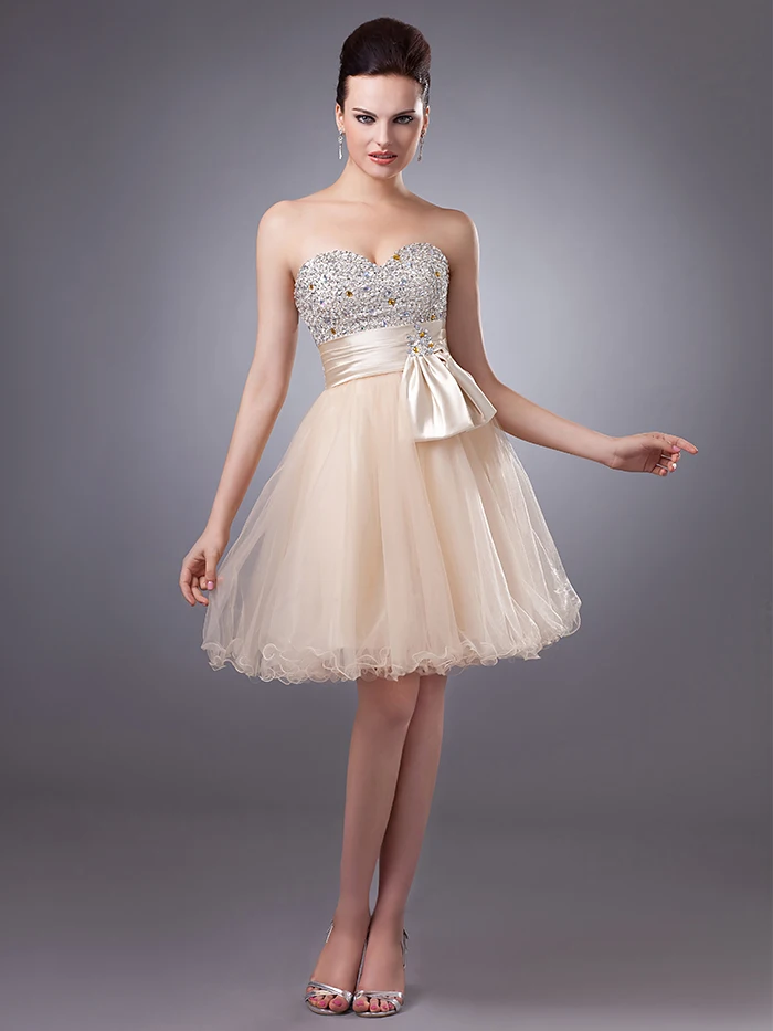New Hot A line Short Champagne Prom font b Dresses b font Sweetheart Beading Tulle font