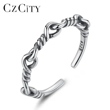 

CZCITY Punk Style Genuine 925 Sterling Silver Open Rings For Women Twist Design Retro Adjustable Ring Fine Jewelry 2018 Stylish
